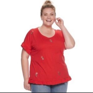 EVRI Red Short Sleeve Top with Pineapple Accents